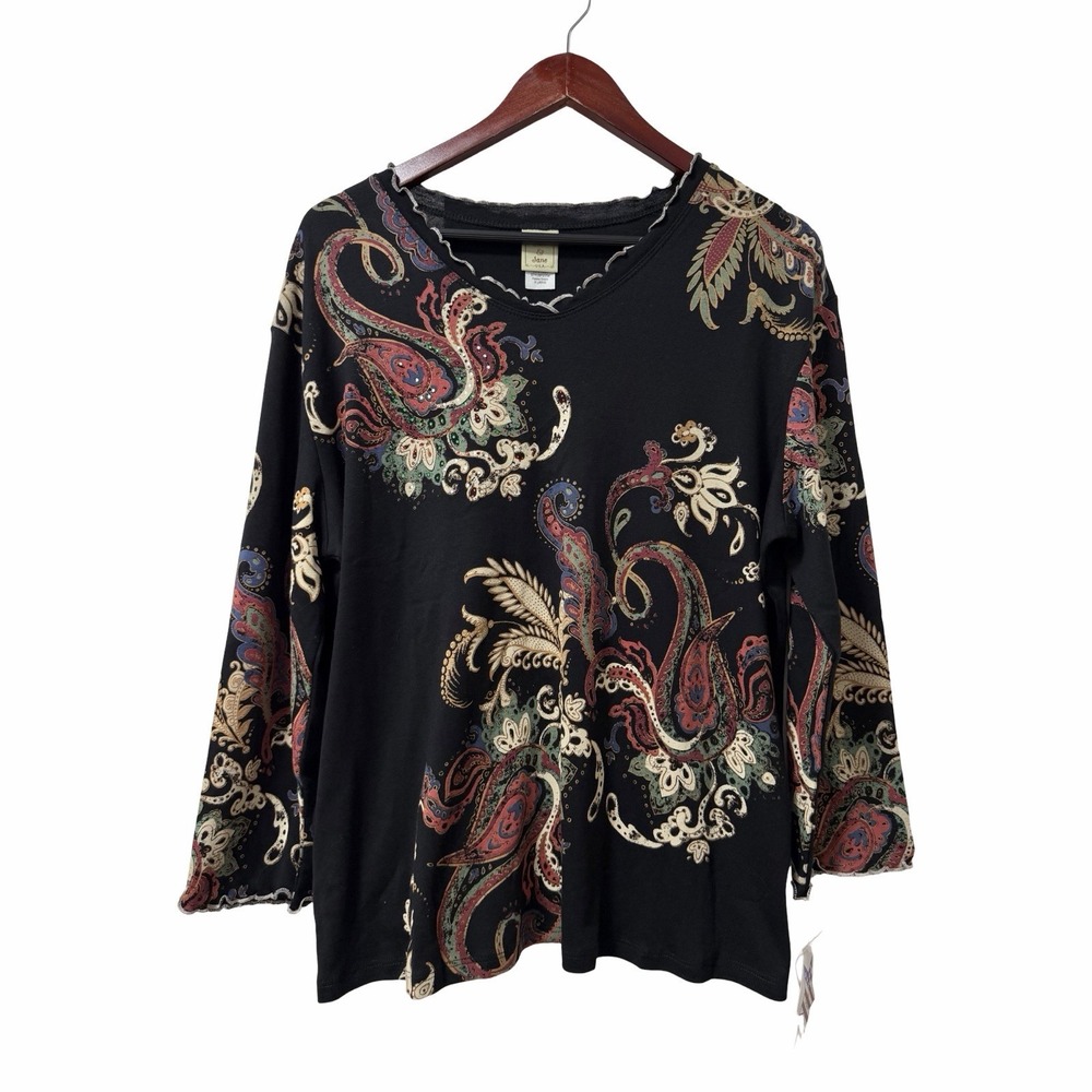 Jess & Jane Paisley Dream 3/4 Sleeve Knit Top Size XL Black Embellished NWT